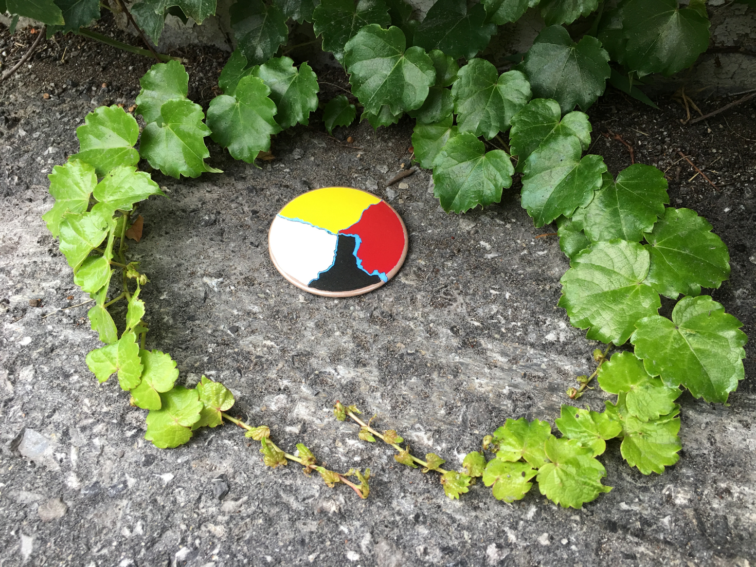 Medicine wheel surrounded by circle of greenery on grey rock