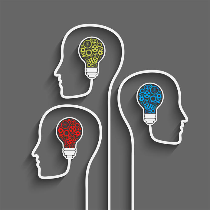Drawing of three outlines of heads with lightbulb inside it with gear wheels in various colours. 