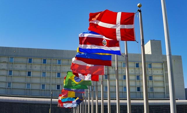 International flags flying in wind