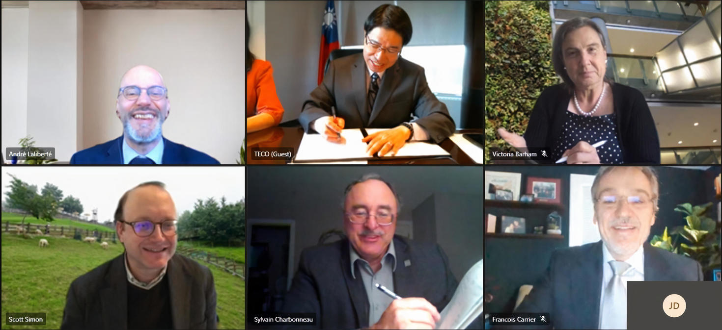 Screen capture of the Zoom meeting with Scott Simon, André Lalberté, the representative from the Ministry of Education in Taiwan, Victoria Barham, Sylvain Charbonneau, and François Carrier.