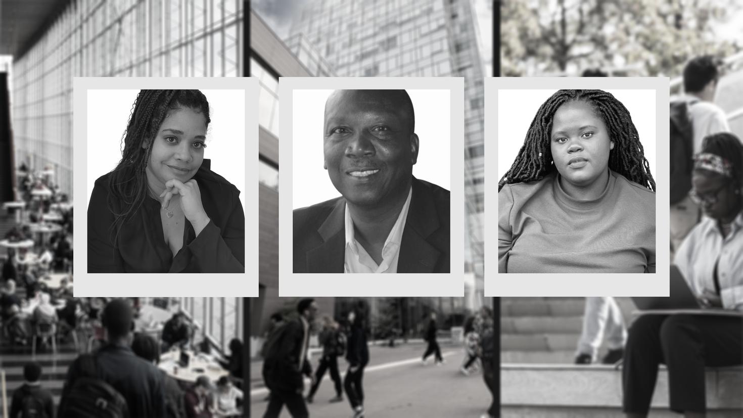 Pictures Karine Coen-Sanchez, Professor Kon K. Madut and Wina Darius, overlayed on pictures of black students on uOttawa's campus.