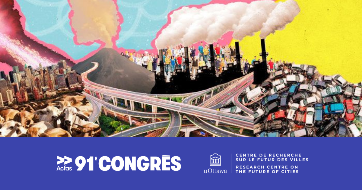 Collage of skyscrapers, highways, pile of cars, polluting factory, people, animals and a volcano