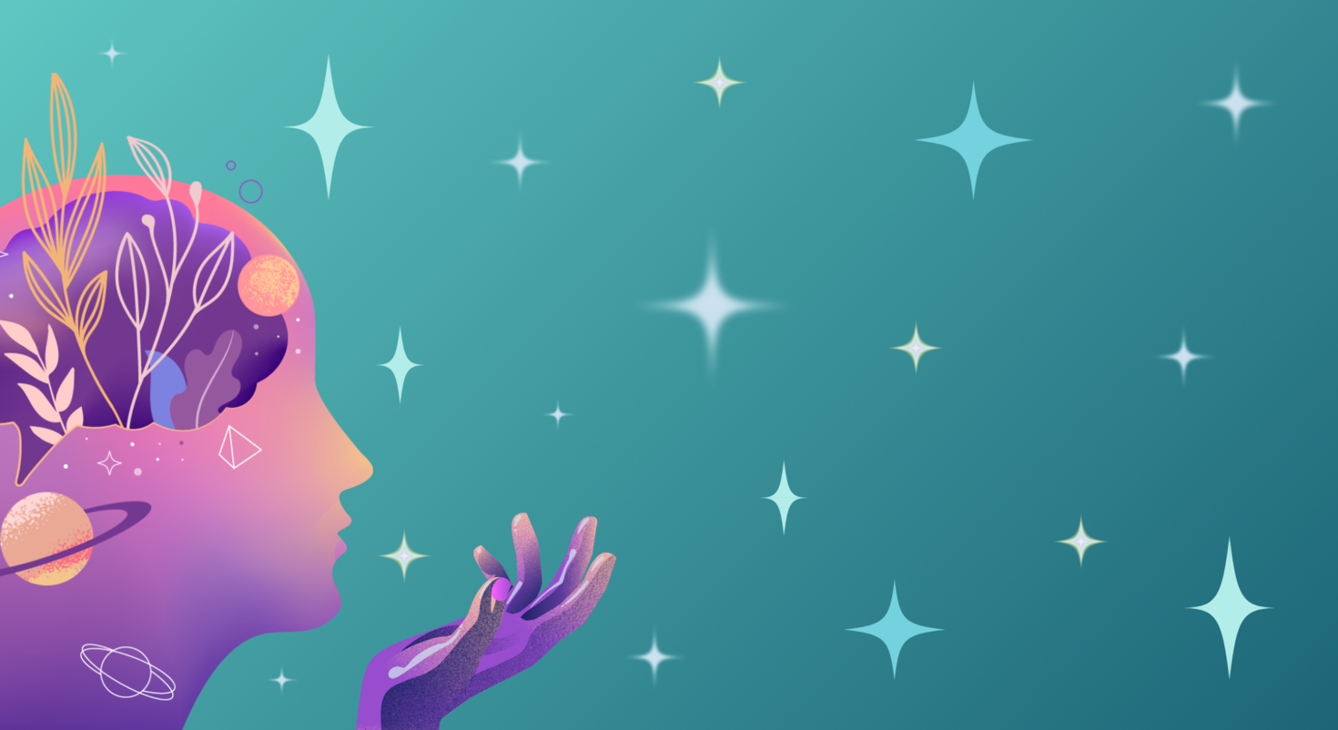 open mind with growth on background of stars and planets