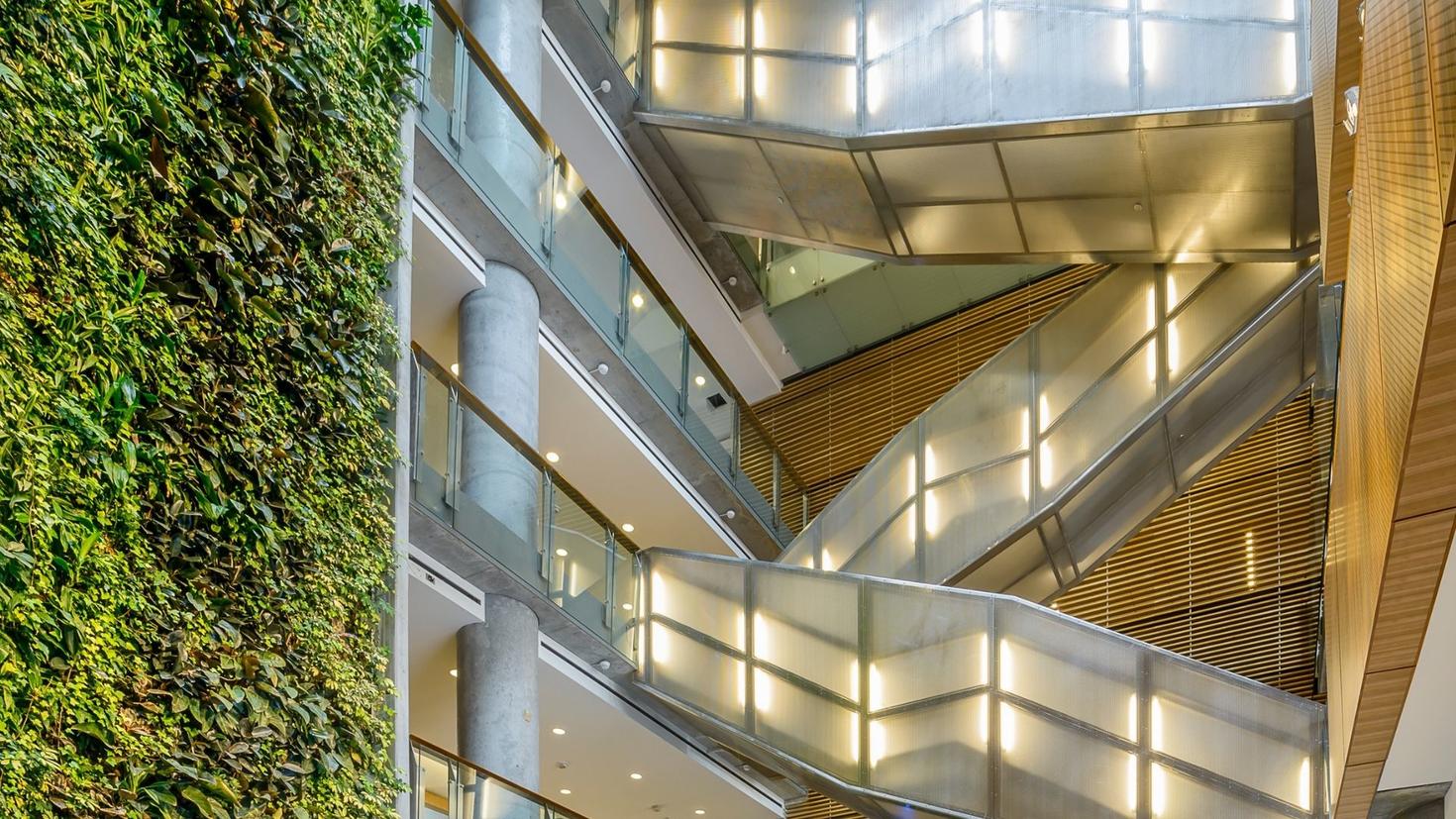 Green wall and staircase in the Faculty of Social Sciences Building.