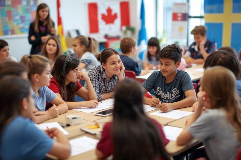 group of young students in a classroom 