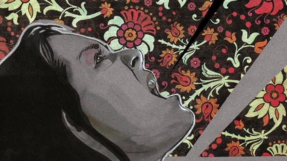 A person screaming in despair against a floral background