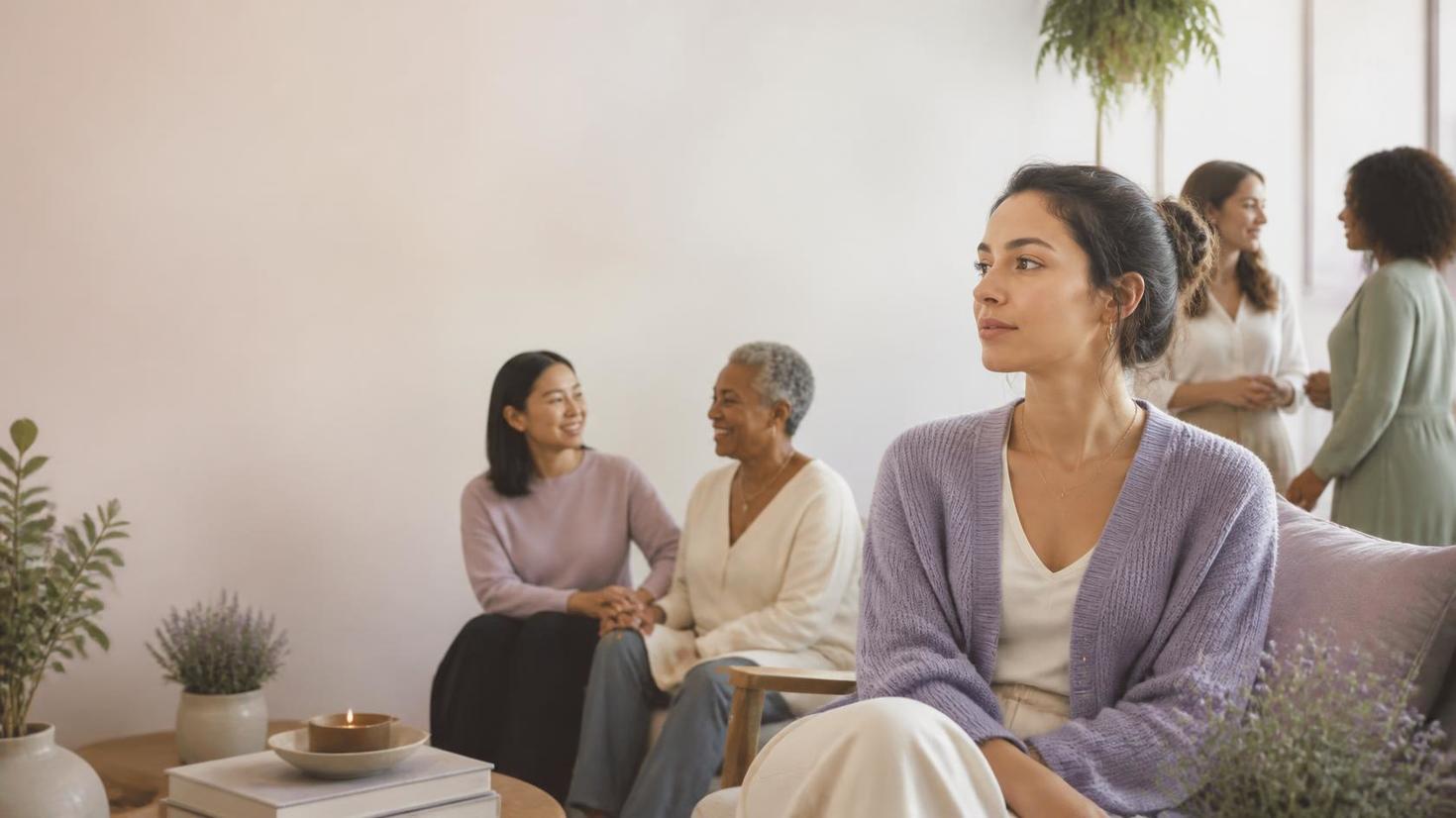 group of women sitting talking and thinking 