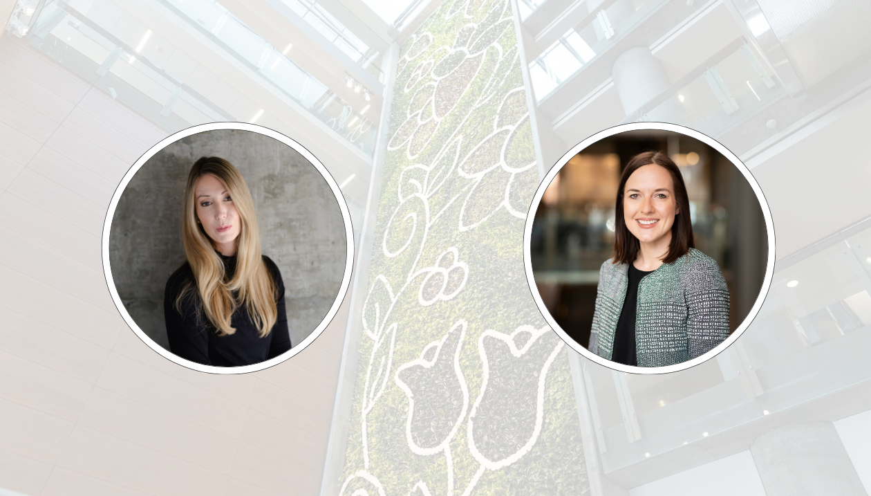 Portraits of Professors Marie-Eve Desrosiers and Nicole Racine against a bright interior view of the Faculty of Social Sciences building at the University of Ottawa.
