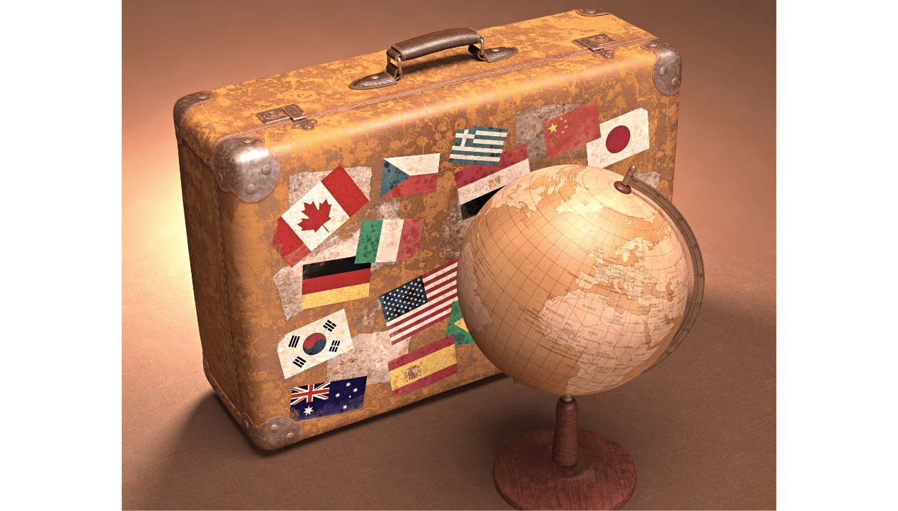 Picture of a bag with some little international flags on it. 