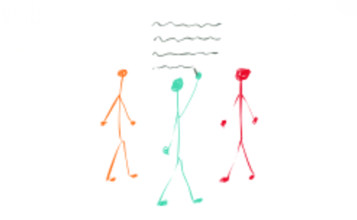 Three stick people standing. One writing.