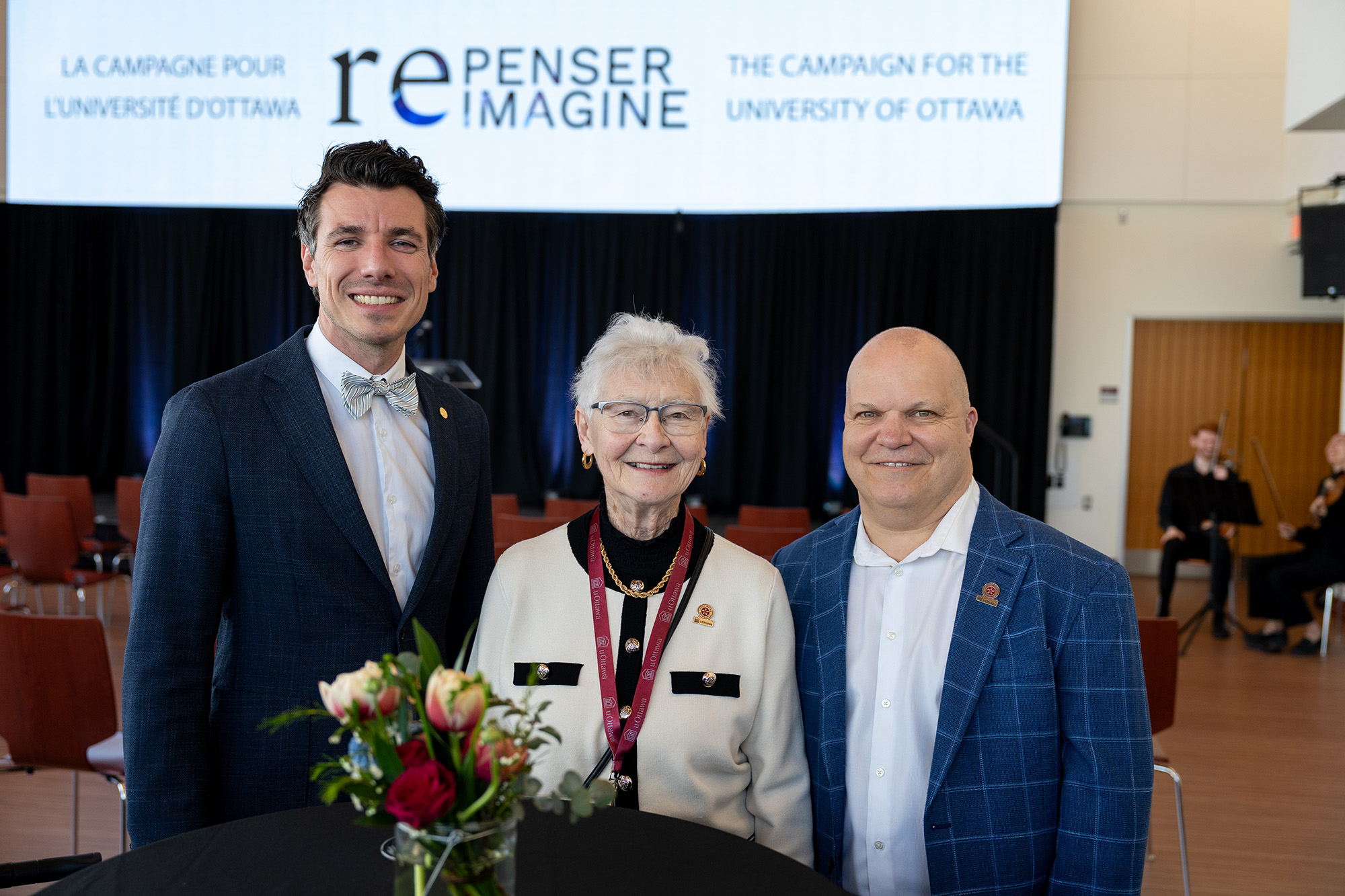 Julien Sicard, Marie des Anges Loyer, and Claude Drouin at end of campaign celebration