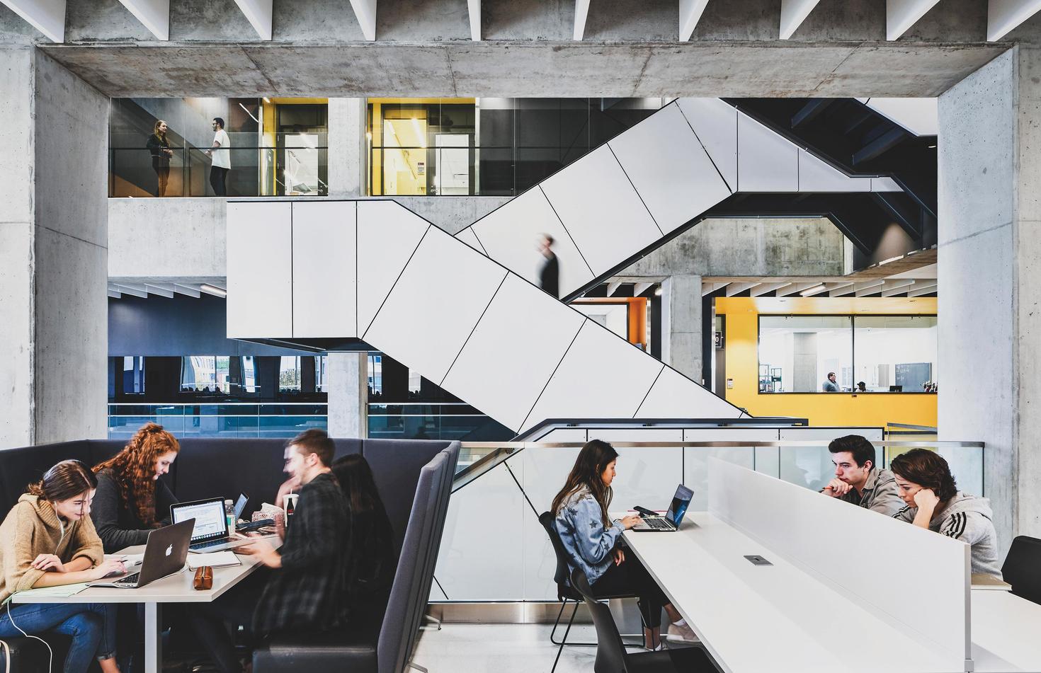 students working in campus building