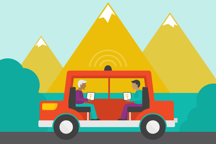 Graphic of a driverless car with 2 passengers on board.