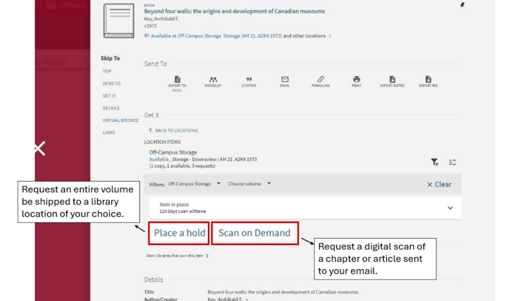 A screenshot from the library website, showing how to request documents for pick-up or scan on demand