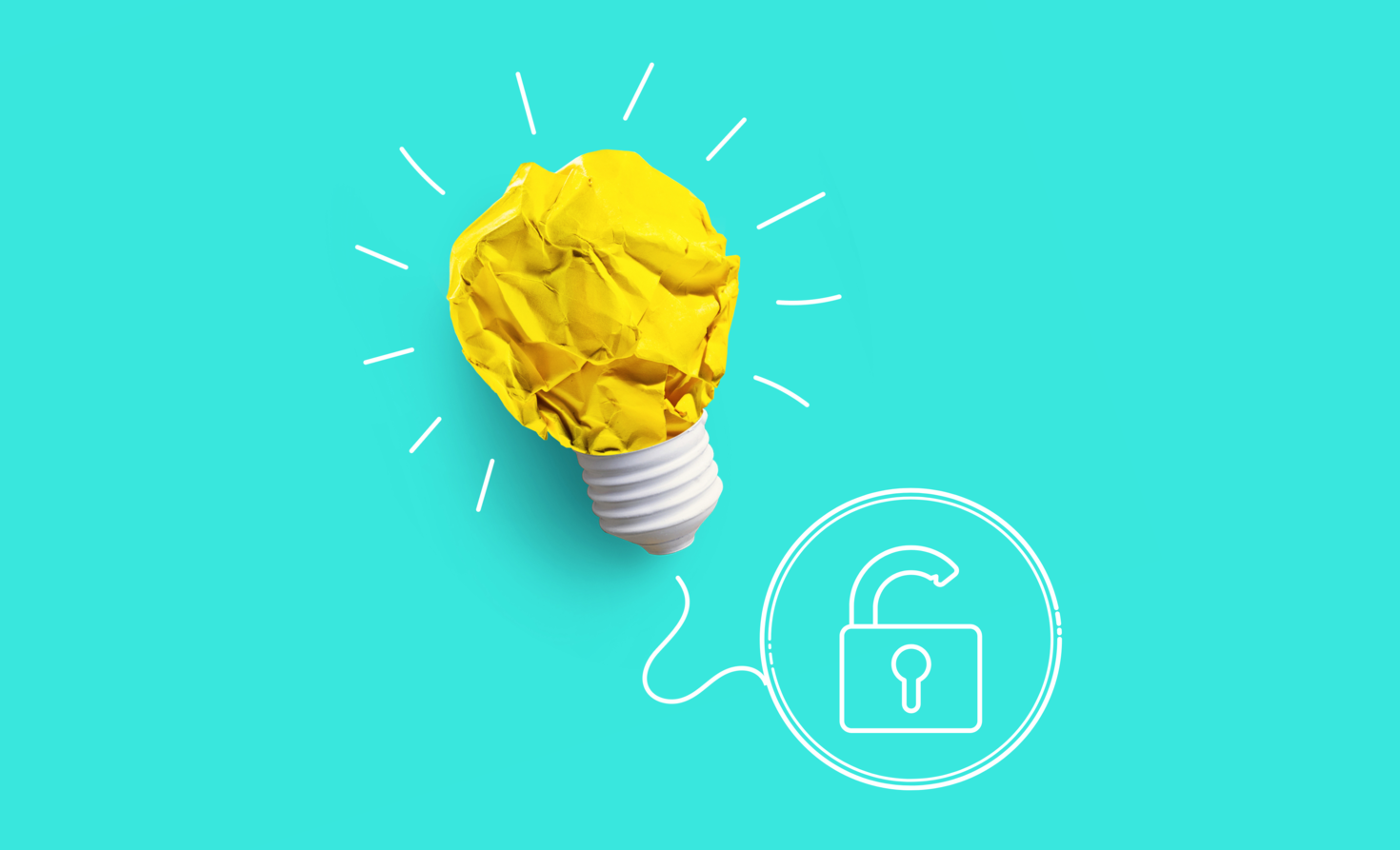 Crumpled up paper in the shape of a lightbulb on a blue background.