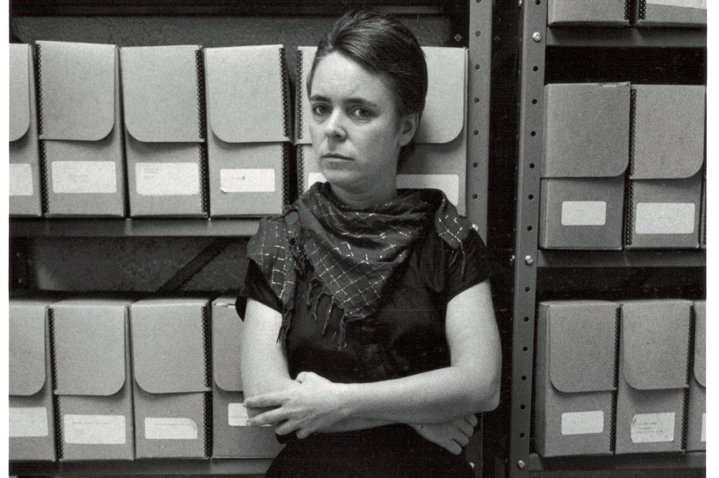 Pat Leslie in front of Women's Movement Archives. "Faces of Feminism".