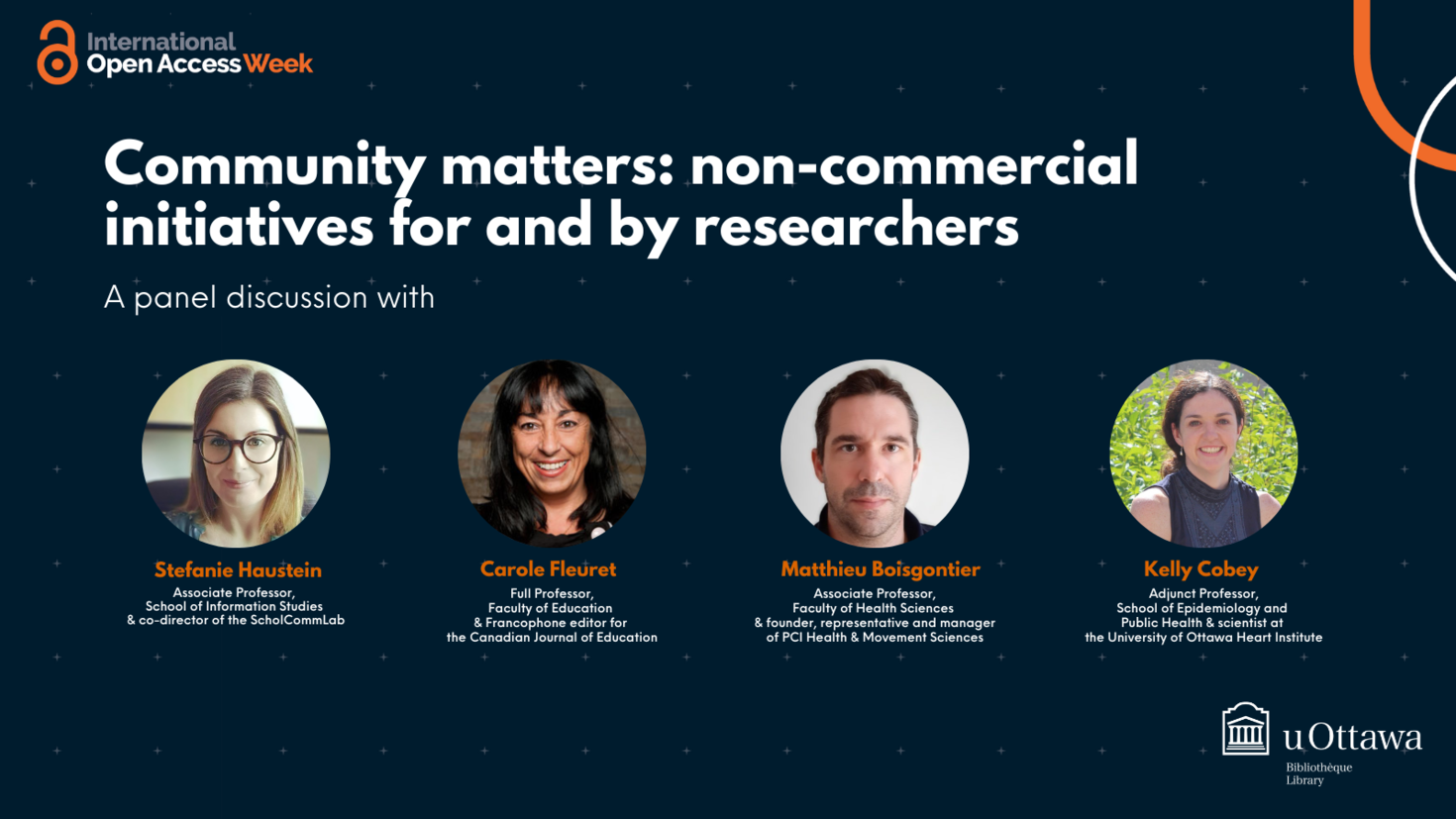 Panel Discussion poster - Photos of Stefanie Haustein, Carole Fleuret, Matthieu Boisgontier and Kelly Cobey