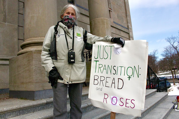 Helen Forsey participating at a Just Transition rally 
