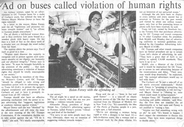Helen Forsey, Ad on buses called violation of human rights