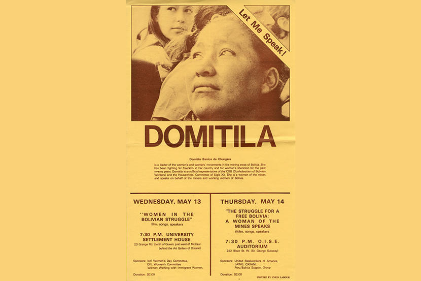 Flyer for speaking event featuring Domitila Barrios de Chungara 