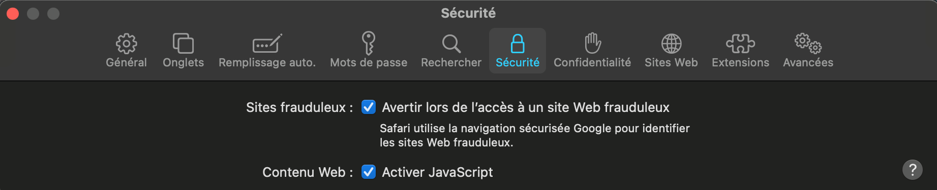 capture d'écran des paramètres de sécurité sur Safari