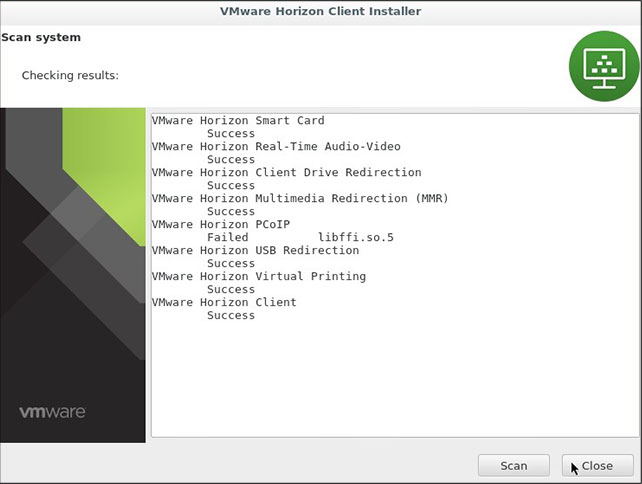 VMware Horizon Client window. Checking results. Scan and Close buttons.