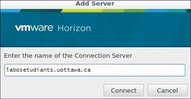 Screenshot of window with content Enter the name of the connection server, connect and cancel buttons