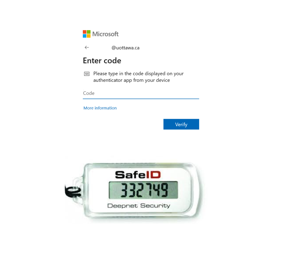 Étape 3 de l'authentification MFA par voie informatique, écran de saisie du code d'authentification Microsoft avec image du dispositif SAFE ID.