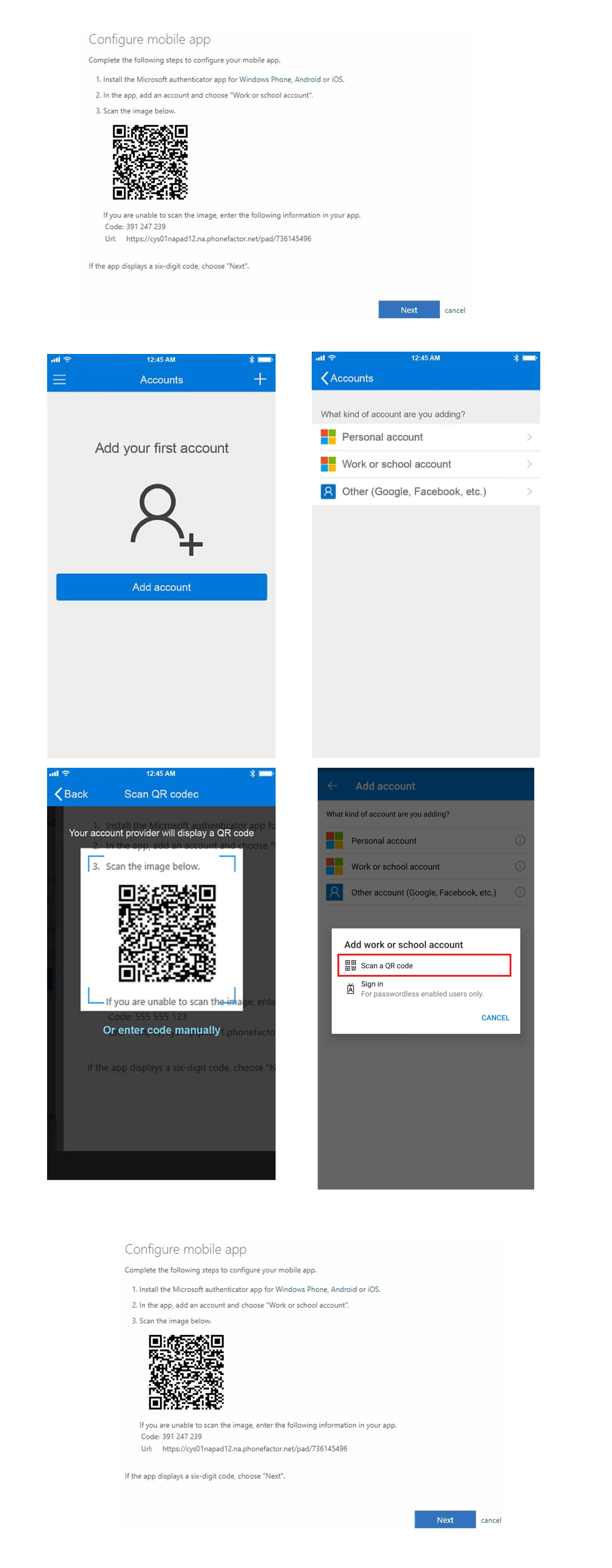 Écran de vérification des contacts IT mobile étape 4 mfa. Écran de vérification du code QR