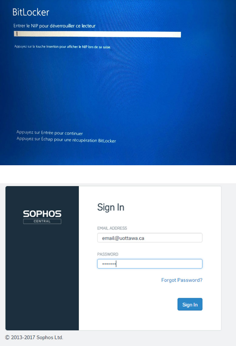 Écran de saisie de l'identifiant BitLocker et écran d'ouverture de session Sophos
