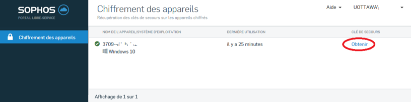 Écran de récupération du lien Sophos