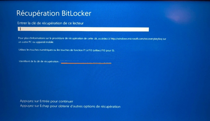 Écran de saisie de la clé de récupération BitLocker