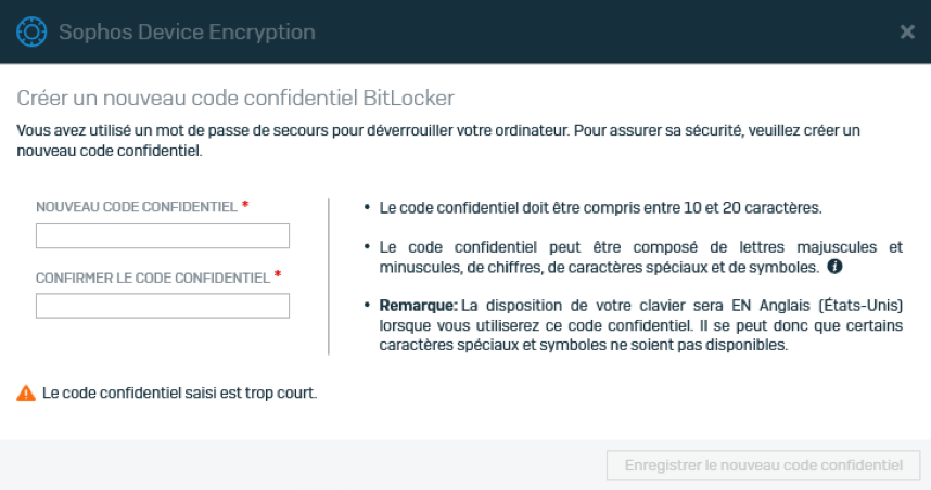 Écran Sophos de création d'un nouveau code PIN BitLocker