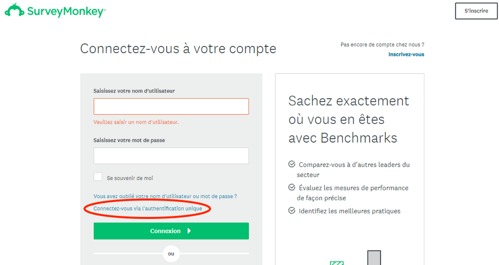  Écran de connexion à SurveyMonkey