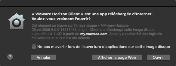Screenshot of window notifying the application has been downloaded from the internet. Cancel, show web page and open buttons.