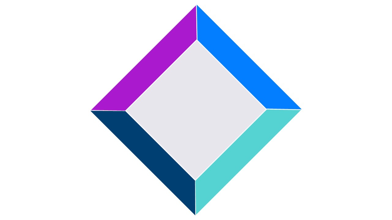 Quatre trapèzes colorés (violet, bleu, bleu marine et sarcelle) forment un carré dont le centre est gris.