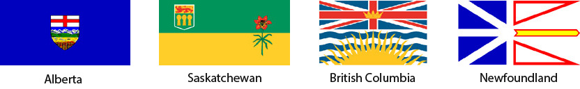 flags of  Alberta, British Columbia, Saskatchewan, and Newfoundland