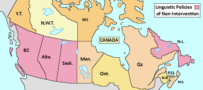 map of Canada showing the provinces that adapted the  Linguistic Policies of Non-Intervention 
