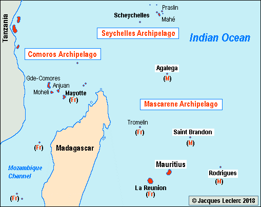 map showing he Comoros the Seychelles and the Mascarene Archipelago