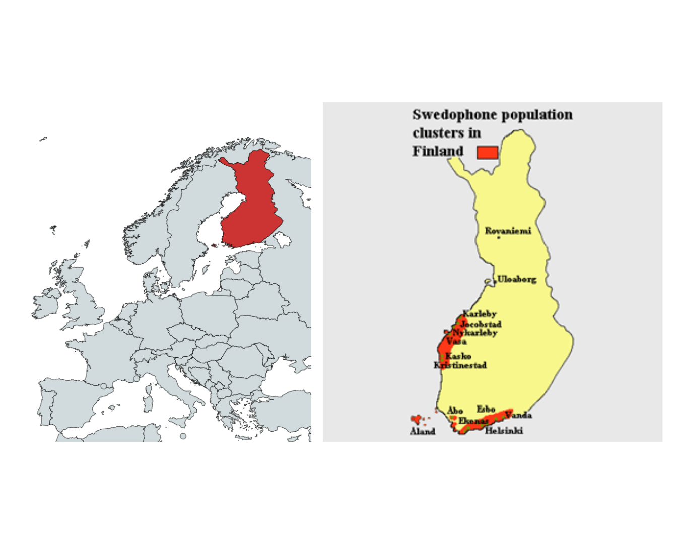 A map of Finland and a map of the Swedophone population clusters in Finland