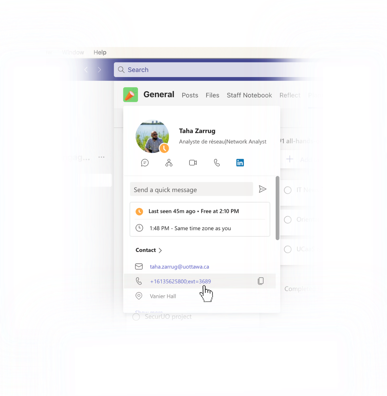 Écran de contact des appels Microsoft Teams