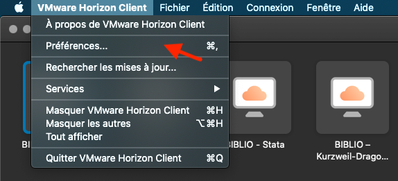 Interface préférences VMhorizon sous Mac OS 