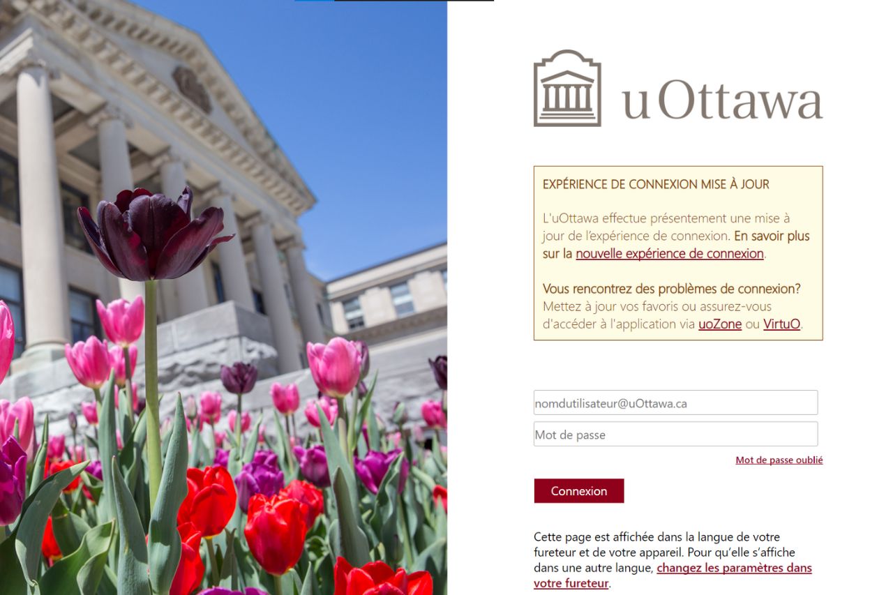 Capture d'écran de l'interface de connexion uOttawa
