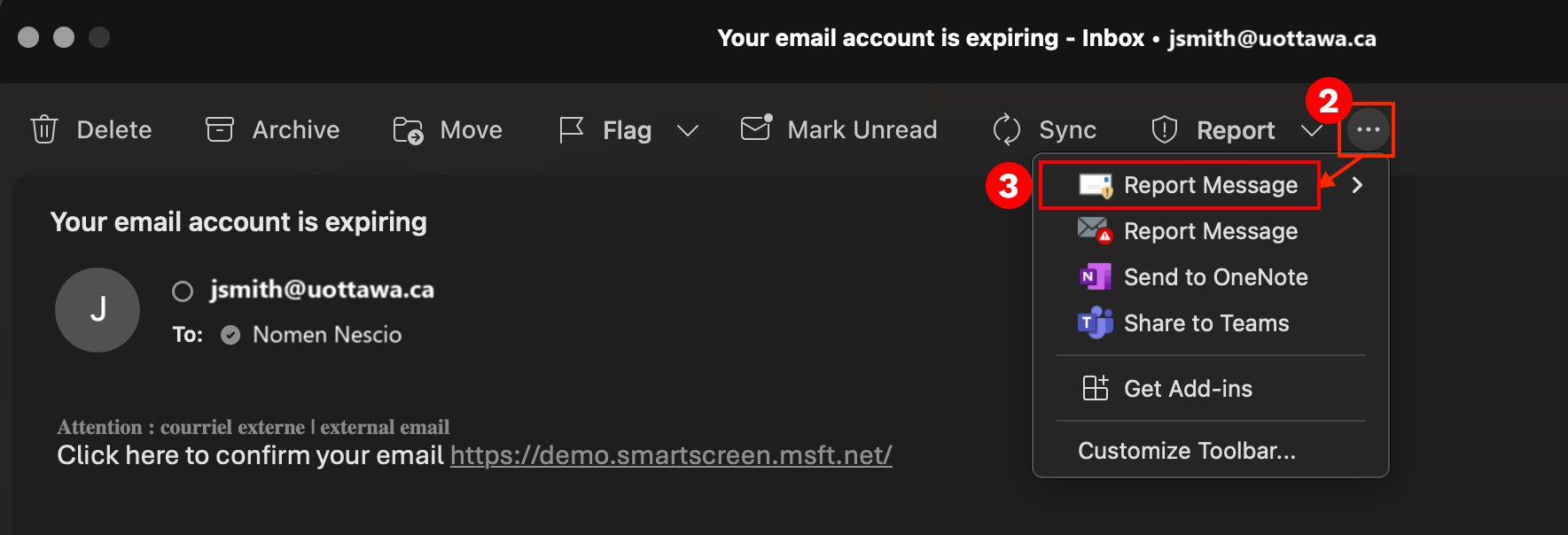 Fenetre courriel Outlook sur mac avec emphase sous forme de carré rouge sur le bouton de signalement des courriels suspects