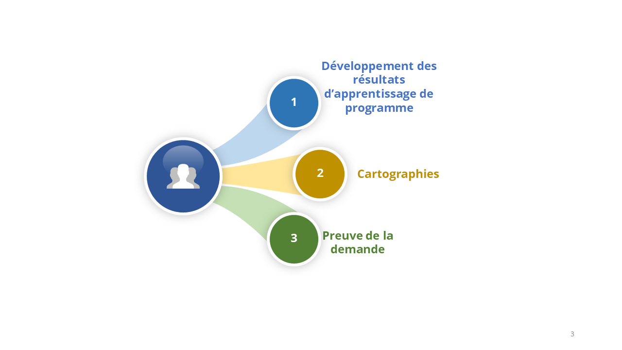 Les trois étapes du processus : Développement des résultats d’apprentissage de programme, cartographies, preuve de la demande