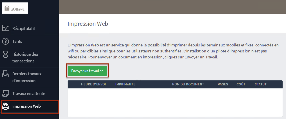 Capture d'écran de l'interface d'impression web