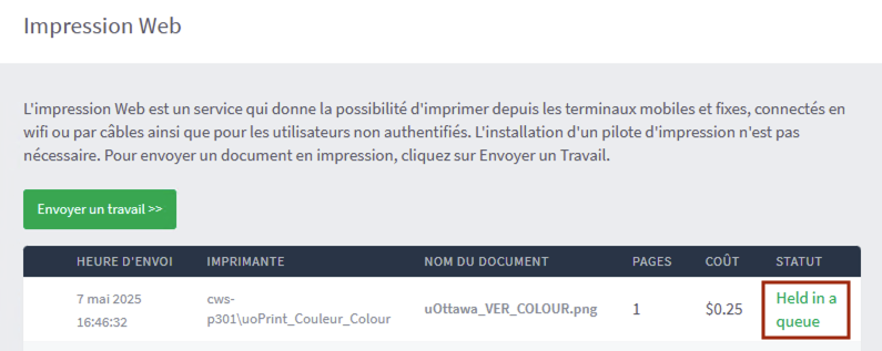 Capture d'écran file d'attente d'impression