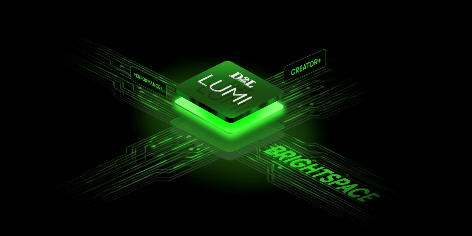 Vue isométrique d’un module « D2L LUMI » vert lumineux sur fond noir, avec des éléments verts semblables à des circuits et des motifs de technologie éducative.