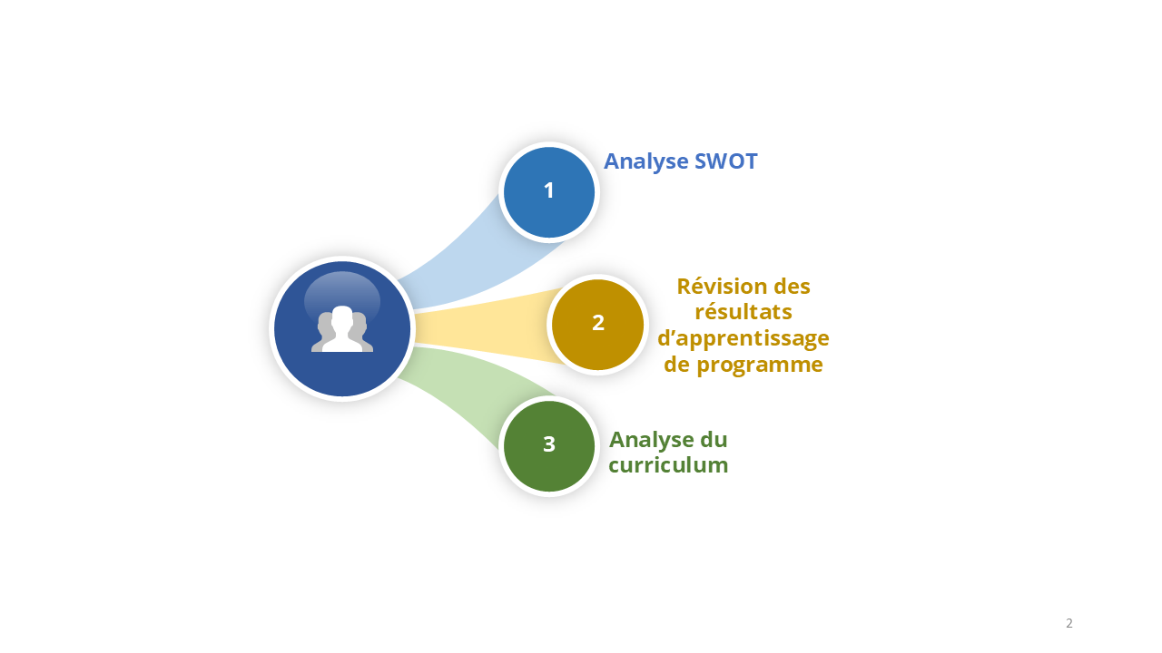 Processus en trois étapes : Analyse SWOT; Révision des résultats d'apprentissage de programme; Analyse du curriculum