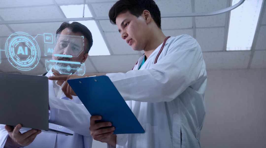 Deux médecins en blouse blanche examinent l’écran d’un ordinateur portable sur lequel apparaît une surimpression graphique futuriste liée à l’IA.